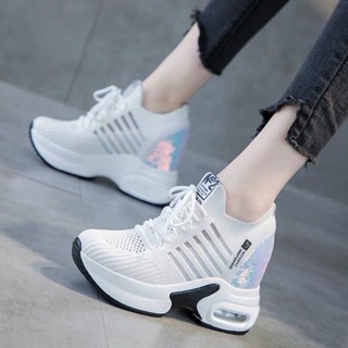 รองเท้ากีฬา เสริมส้น ผ้าตาข่าย พื้นหนา สีขาว สําหรับผู้หญิง