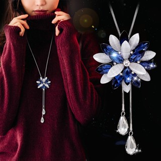 2023 New Crystal Flower Pendant Long Necklace For Women Blue Purple Color