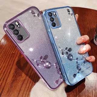 เคสโทรศัพท์มือถือแบบนิ่ม กันกระแทก แต่งกลิตเตอร์ ไล่โทนสี ลายดอกไม้ พร้อมแหวนขาตั้ง คุณภาพสูง สําหรับ Reno 6 Pro Plus Reno 5 Pro Plus 5G Reno 6 4G