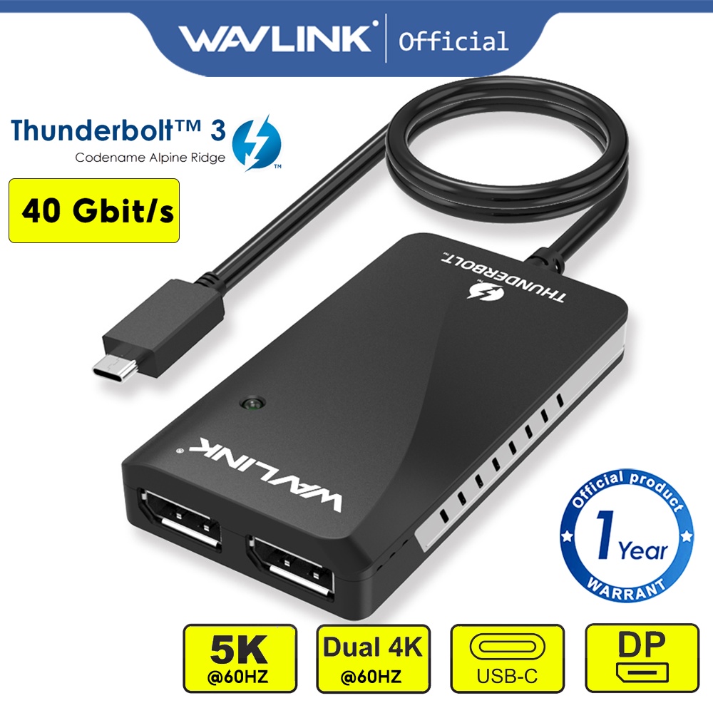 Wavlink Thunderbolt 3 40Gbps อะแดปเตอร์หน้าจอ Type C เป็น Dual DP สําหรับ 4K 5K Display Monitor Laptop