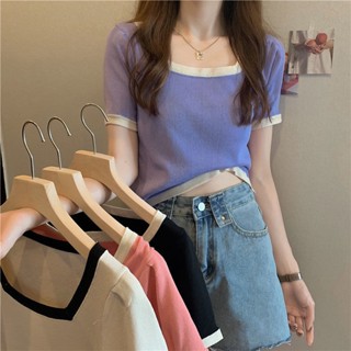 Eva Style🍒พร้อมส่ง✨เสื้อยืด เสื้อยืดแขนสั้นผู้หญิง เสื้อเชิ้ตคอเหลี่ยมใส่สบาย เสื้อครอปถักทรงสลิม มี 3 สีให้เลือก