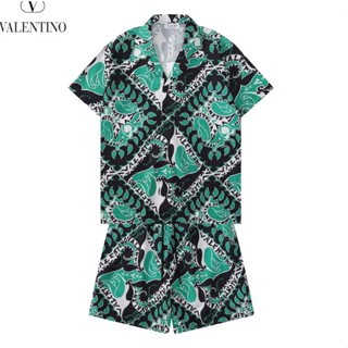 เสื้อโปโลแขนสั้นลําลอง ผ้าฝ้าย พิมพ์ลาย VALENTINO และกางเกงขาสั้น สินค้าพร้อมส่ง