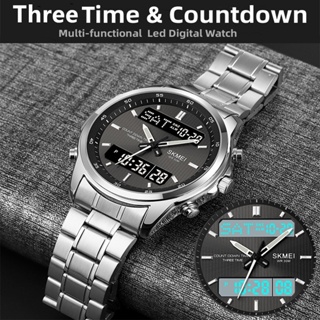 Skmei นาฬิกาข้อมือควอทซ์ ดิจิทัล สายเหล็ก หรูหรา มีไฟ Led กั…