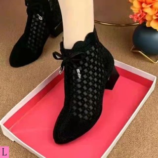 Verdadeiras Botas de Couro Macio Botas Curtas de Couro Curto Mulheres Primavera Verão Novo Estilo Sandálias Botas de Rede de Malha Respirável Sapatos de Gaze Ponta Oca de Calcanhar Grosso Rhinestone Moda Tudo @-