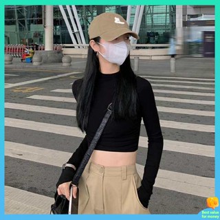 เสื้อครอปแขนยาวไหมพรม เสื้อครอปแขนยาว เสื้อตัวในคอกึ่งสูงสีดำเปิดสะดือผู้หญิงเสื้อยืดแขนยาวเข้ารูปใส่แล้วดูผอมเข้ารูปใส่ด้านในฤดูใบไม้ผลิและฤดูใบไม้ร่วงเสื้อตัวสั้น ins