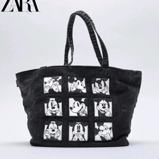 Zara HOME กระเป๋าสะพายไหล่ กระเป๋าช้อปปิ้ง ผ้าแคนวาส ขนาดใหญ่ จุของได้เยอะ ลายมิกกี้เมาส์ สําหรับผู้หญิง