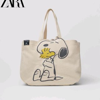 Zara HOME กระเป๋าสะพายไหล่ กระเป๋าช้อปปิ้ง ผ้าแคนวาส ทรงโท้ท จุของได้เยอะ แบบพกพา ลาย Snoopy สําหรับผู้หญิง 2023