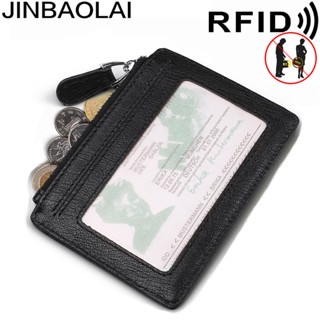 Jinbaolai ขายดี RFID กระเป๋าสตางค์ หนังวัวแท้ มีซิป กันแม่เหล็ก ใส่เหรียญได้ สําหรับผู้ชาย