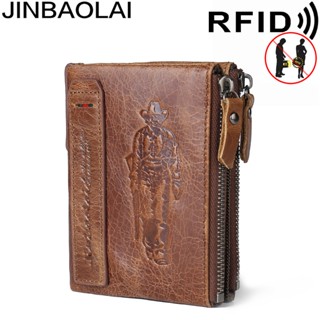 Jinbaolai Cowhide RIFD กระเป๋าสตางค์ หนังแท้ มีซิปคู่ ใส่เหรียญได้ สไตล์เรโทร สําหรับผู้ชาย