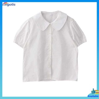 เสื้อเชิ้ตผู้หญิง เสื้อ DuForm ทำเองฤดูร้อนแบบใหม่สไตล์วิทยาลัยคอตุ๊กตาเสื้อเชิ้ตสีขาวแขนสั้นผ้าฝ้ายแท้ทรงหลวมใส่แล้วดูผอมเสื้อผู้หญิง