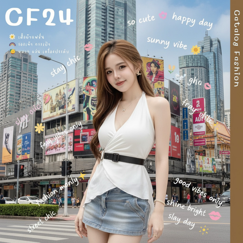 ꕥCatalog Fashionꕥ เสื้อแฟชั่นคอวีลึก คอผูกโบว์ด้านหลัง อกแต่งห่วงเหล็ก ดีเทลชายเฉียงยาว 2 สี
