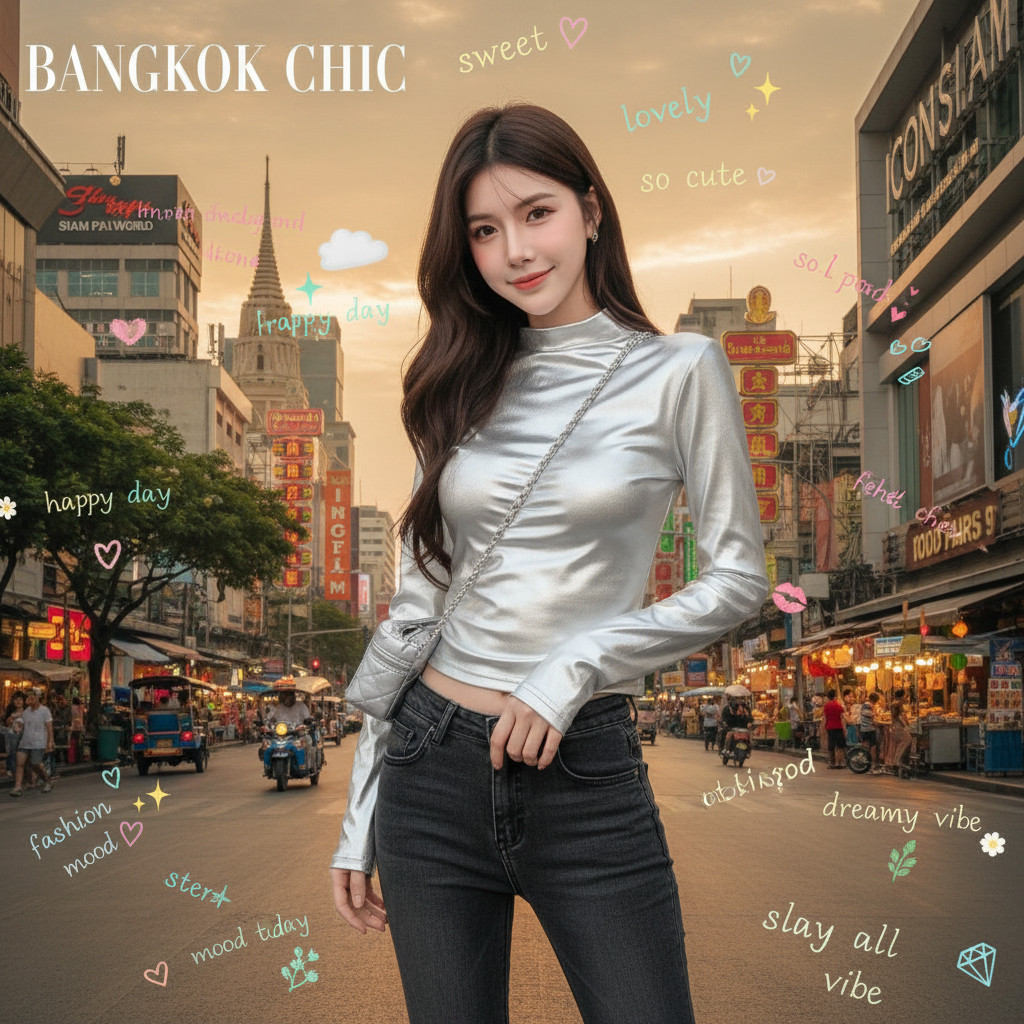 ꕥCatalog Fashionꕥ เสื้อแฟชั่นแขนยาวสีเมทัลลิค ทรงคอสูง ผ้าเงาสวย 2 สี มีไซส์