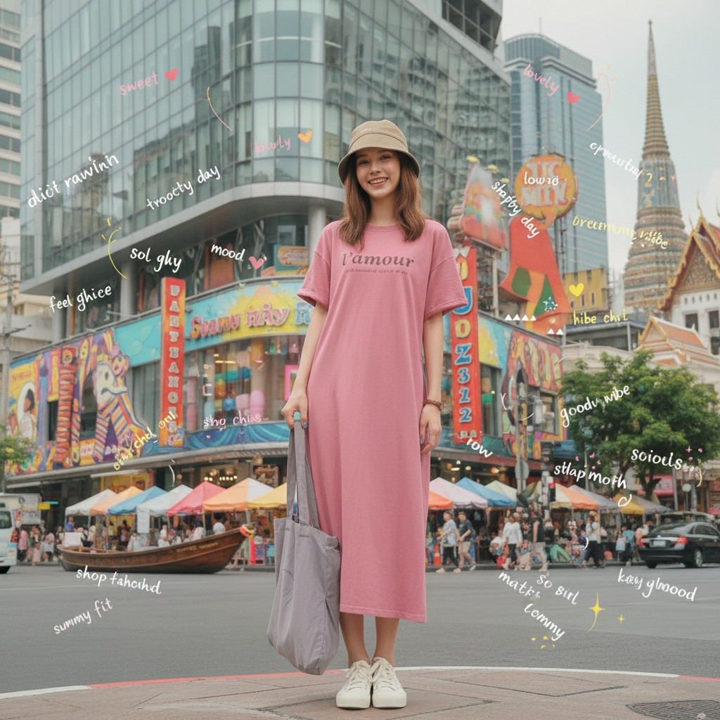 ꕥCatalog Fashionꕥ ชุดเดรสยาวคอกลมแขนสั้นสกรีนลาย Iamour 2 ทรงตรงแต่งผ่าข้างเล็กน้อย