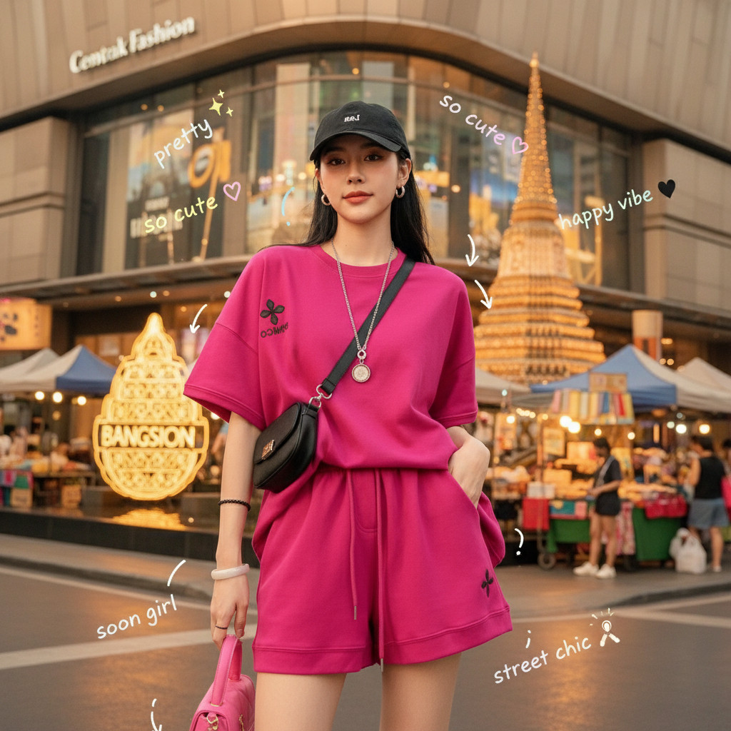ꕥCatalog Fashionꕥ ชุดเซ็ตแฟชั่น 6 สี เสื้อคอกลมแขนสั้นอกสกรีนลายสี่แฉก กางเกงขาสั้นเอวยืดมีเป๋าข้าง