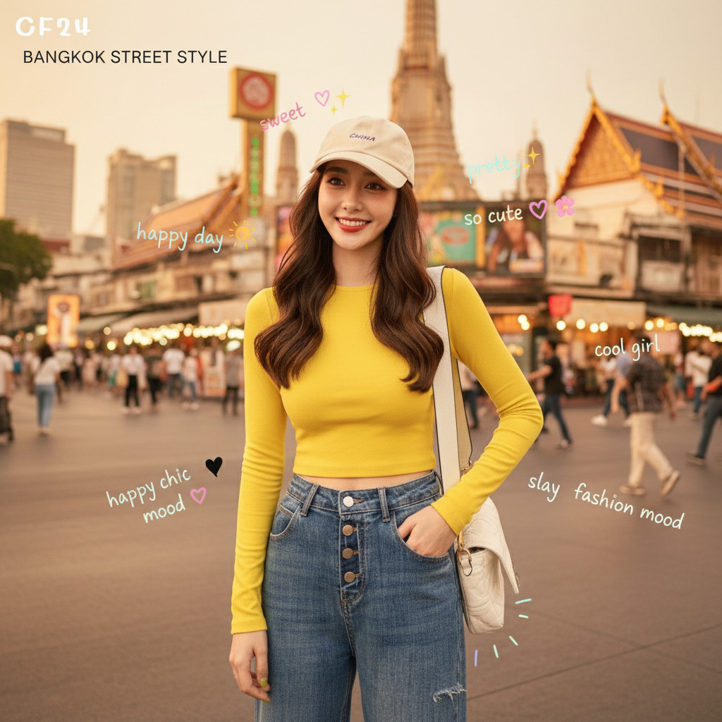 ꕥCatalog Fashionꕥ เสื้อยืดครอปแขนยาวทรงเข้ารูป 4 สี