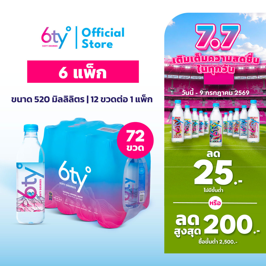[ส่งฟรี] 520ml 6 แพ็ก 72 ขวด นํ้าแร่ 6ty Degrees Mineral Water น้ำแร่ธรรมชาติ 100% จากแหล่งน้ำแร่เชียงดาว