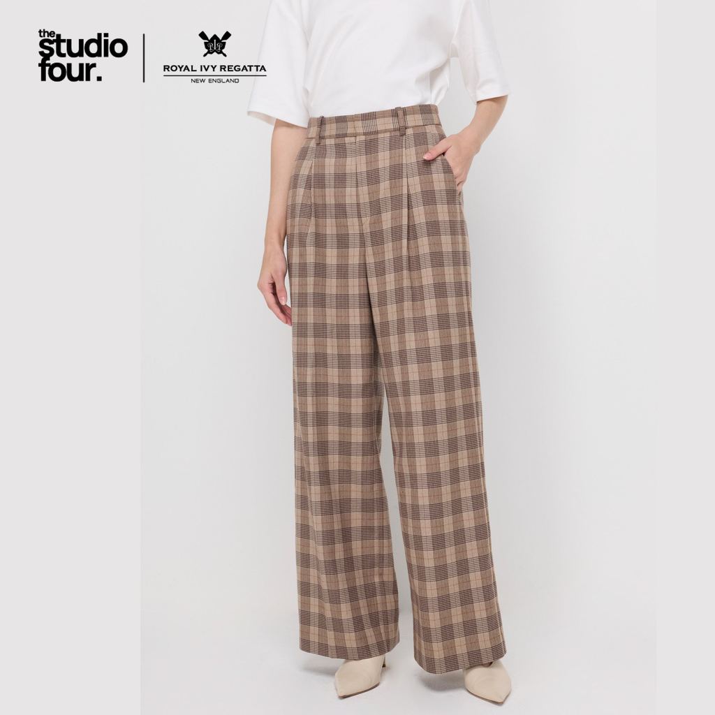 ROYAL IVY REGATTA - Heritage Check Wide-Leg Trousers Check Brown กางเกงขายาว  (R26WGWA040)