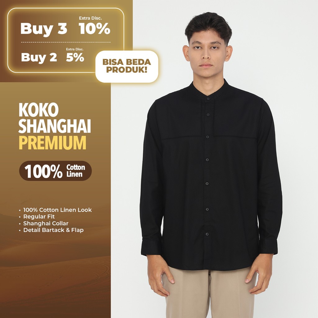 KATUN Erigo Koko Shanghai Premium Long Sleeve Zuhair Black - เสื้อเชิ้ตผ้าฝ้ายแขนยาวผ้าลินินพรีเมี่ย
