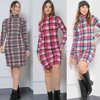 Vestido Curto Gola Alta Xadrez Inverno Manga Longa Frio Mulher Feminimo Malha Canelada Canelado Liso