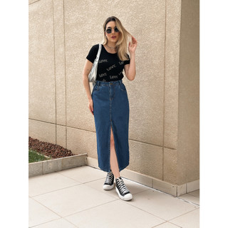 Saia jeans  cintura alta Fenda no meio, casual, elegante, simples e elegante, comprimento 90 cm