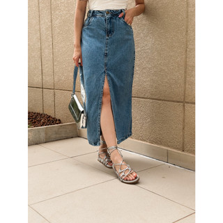 Saia jeans  cintura alta Fenda no meio, casual, elegante, simples e elegante,  sem lycra, comprimento 90  cm
