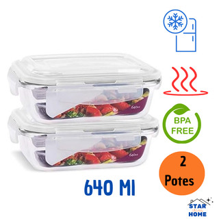 Kit 2 Potes de Vidro 640 ml Hermético Marmita Fit com Tampa 4 Travas