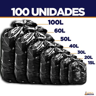 Saco de Lixo 100 unidades Resistentes - Tamanhos 15/20/30/40/50/60/100 Litros