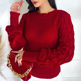 Blusa Feminina De Tricot Manga Longa Colmeia Onda Tricô Inverno Suéter Trico
