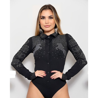 Body Ana Castela Cavalinho Preto Camisa Botões Feminina Manga Longa Strass Pedraria  Strass Brilho Moda Country E Rodeio