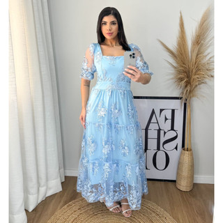 Vestido longuete luxo tule bordado algodão manga curto 0148