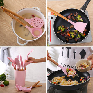 Kit Utensílios de Cozinha Silicone Cabo de Madeira Antiaderente com Suporte 5/12 Peças