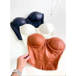 Cropped corset 3d couro fake modelo retro corselet tomara que caia com bojo