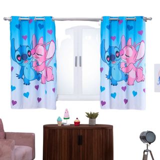 Cortina Sala Quarto Infantil Criança Menina Pequena 2,00x1,40 Personagem Stich Lilou Rosa
