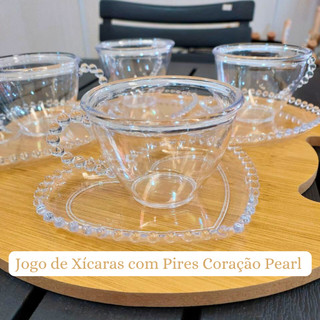 JOGO 12 PEÇAS 6 XÍCARAS 150ML 6 PIRES CORAÇÃO PEARL ACRÍLICO E VERMELHO TRANSPARENTE LINDO