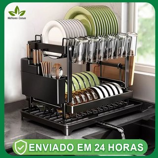 Escorredor Organizador de Louças Preto Aço Inoxidável Rack Cozinha Suspensa Louça Organizador Estante de asfalto duplo