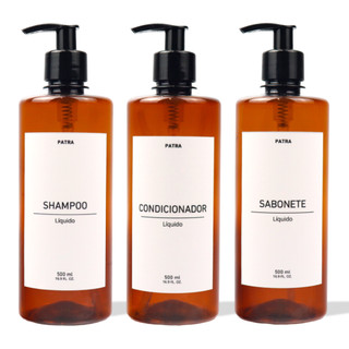 Frasco para shampoo e condicionador 500ml ambar kit 3pçs para banheiro