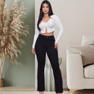 Calça Flare Feminina Jeans Modeladora Cintura Alta Empina Bumbum com Lycra Boca de Sino moda Country
