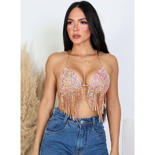 Cropped de strass babadinho multicolorido, moda carnaval