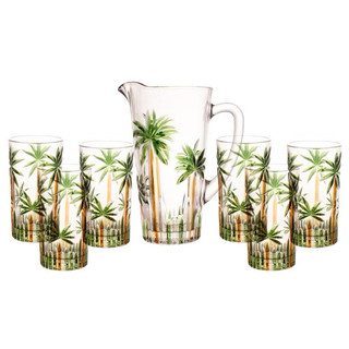 Conjunto Jarra 1,2L com 6 Copos 360ml Vidro Cristal Luxo Palm Tree Para Suco