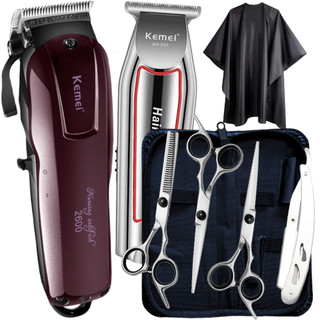 Kit Maquina de Cortar Cabelo + Kit Tesouras Profissionais Para Barbeiro Tesoura Fio Navalha Fio Laser Capa KM2600 KM032
