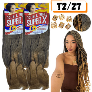 Kit 2 Cabelos Jumbo Jumbão Para Tranças Kanekalon Super X Fibra Especial 400 Gramas + Anéis