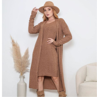 Conjunto Tricô Feminino Composto Por Vestido e Maxi Cardigan Inverno Ref:219