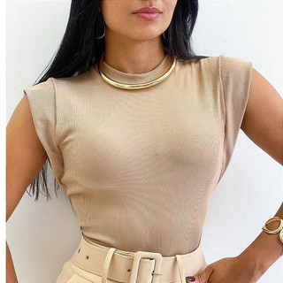 Blusa Feminina Muscle tee Lisa Ribana Canelada Algodão Gola Redonda Básica Social Elegante