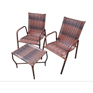 CLFSTORE Conjunto 2 cadeiras com mesa de centro área externa, estrutura aço, fibra sintética junco COR AMÊNDOA,  jardim
