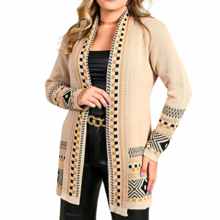 Cardigan Kinomo Tricot Feminino Quadriculado Casaco Manga Longa Elegante Sobretudo Feminina Trico