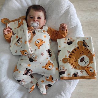 Saida de Maternidade Kids Menino Modelo Jardineira com Body Bordado Tigre Luigi Bege Tam P
