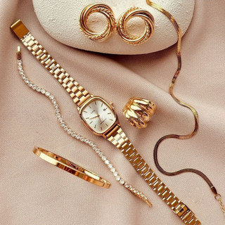 6 Peças Conjunto Relógio Feminino Dourado com Bracelete Pulseira Brincos e Colar Acessórios relogio