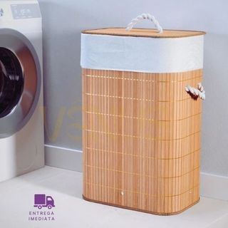 Cesto de Bambu com Tampa e Forro Dobrável e Resistente