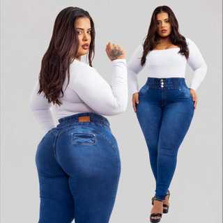 Calça Jeans Plus Size Com Elástico No Cos Cintura Alta Empina Bumbum