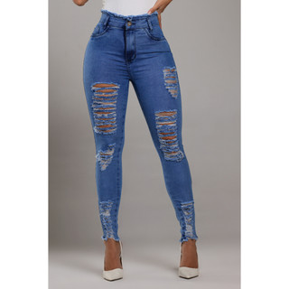 Calça Jeans Feminina Modeladora Skinny Empina Bumbum Com Elastano Cintura Alta Premium Rasgada